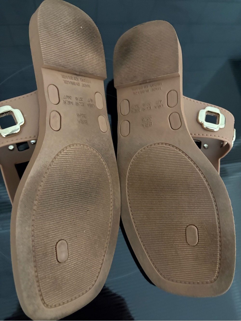 Larroude Nude Tan Slide Sandals with Gold Accents - Picture 5 of 5